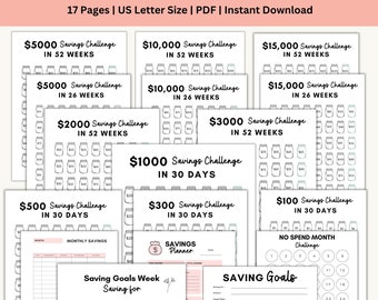 Money Saving Challenge, Savings Tracker Printables, Savings Tracker Bundle | Money Saving Challenge Printable | 5k Savings Challenge chart