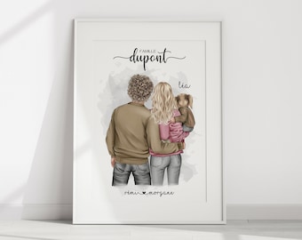 family portrait of 3 people, personalized family poster, couple and a child,