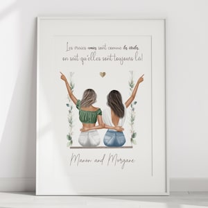 Affiche personnalisée meilleure amie, cadeau d'amitié, ami personnalisé, portrait personnalisé, sœur de cœur, 2 amies, illustration copine