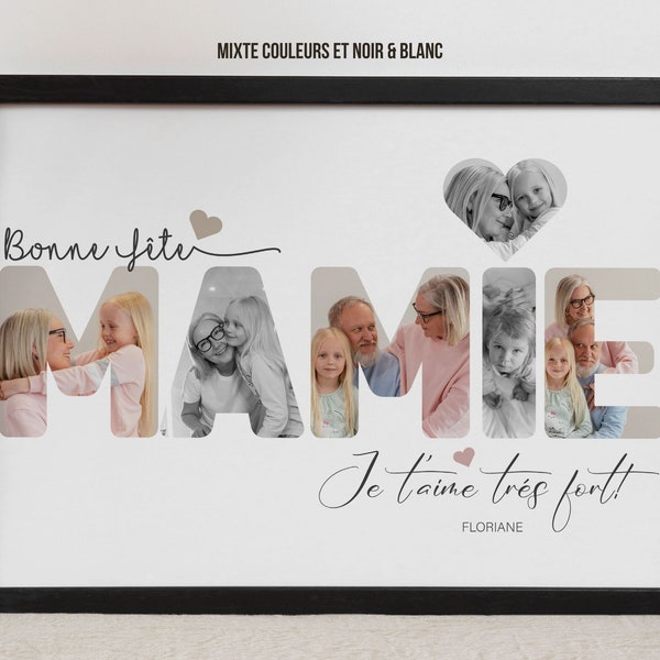 affiche mamie mot photo, fête des grands mères, mamie bonne fête,  amour grands-parents, je t'aime mamie, affiche personnalisée