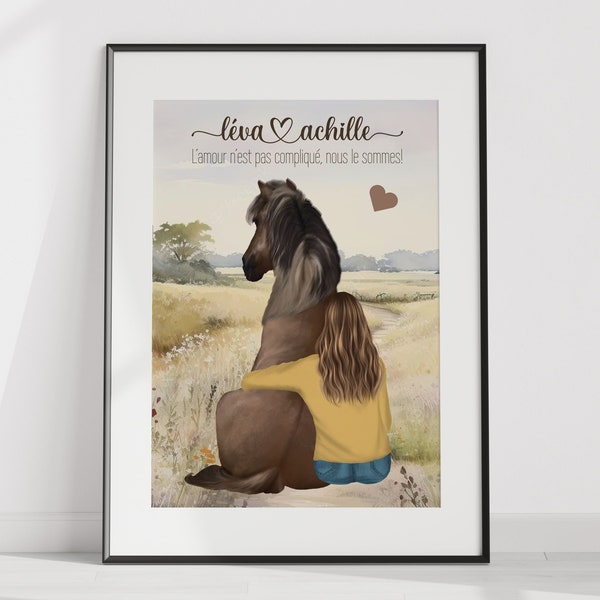 Affiche Personnalisée pour Amoureux de l'Équitation avec prénoms et cheval - Décoration Murale Équestre Unique.