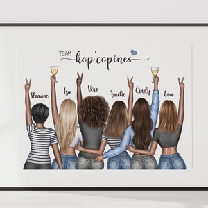 Best friends poster, gift for a friend, personalized poster, portrait of girlfriends, characters from behind. EVJF gift