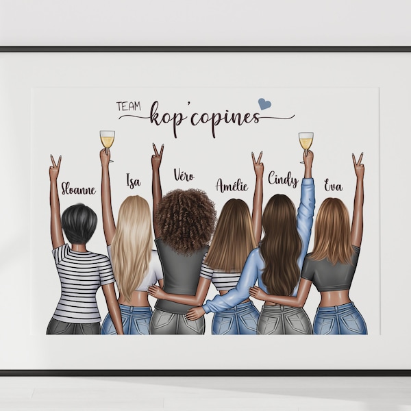 Affiche meilleurs amis, cadeau pour une amie, affiche personnalisée, portrait de copines, personnages de dos. Cadeau EVJF