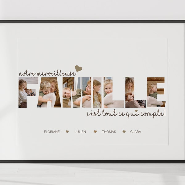 Affiche famille personnalisée avec photos, mot famille, cadeau unique pour offrir à noël, mot photo.