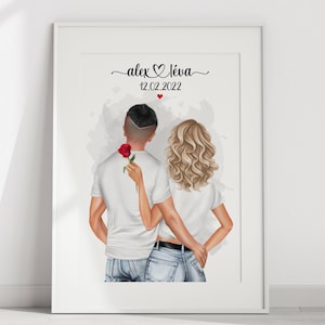 Paar-Souvenir-Poster, personalisiertes Geschenk für ein Paar, illustriertes Porträt von hinten, Geschenk zum Valentinstag, Jahrestag des Treffens.