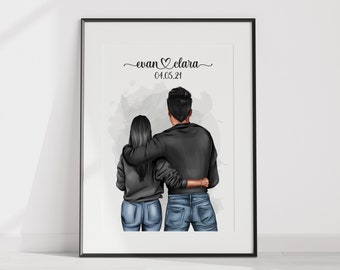 personalized couple poster, couple portrait, couple poster, anniversary gift, Valentine's Day, cuddly couple, love