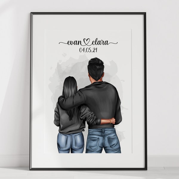 affiche couple à personnaliser, portrait de couple, poster couple, cadeau anniversaire de rencontre, saint valentin, couple calin, amour