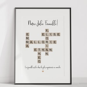 póster único, letras de scrabble de nombre, arte de nombre para la decoración de la pared del hogar, dormitorio de los padres, búsqueda de palabras, póster personalizado