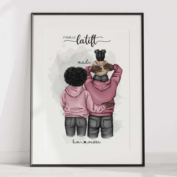 affiche couple avec un enfant, poster de famille parent et un enfant, cadeau a offrir pour la fête des mères, tableau portrait de famille