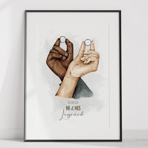 cartel de las manos de la novia y el novio, ilustración de una pareja casada para un regalo de aniversario de boda, manos sosteniendo anillos de boda, regalo de pareja