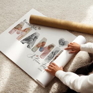 May include: A personalized poster with the word "MAMA" in large letters, each letter filled with family photos. The poster includes the phrases "Bonne f&ecirc;te" and "Je t'aime tr&egrave;s" with a name below. A rolled-up poster and a cardboard tube are also visible.