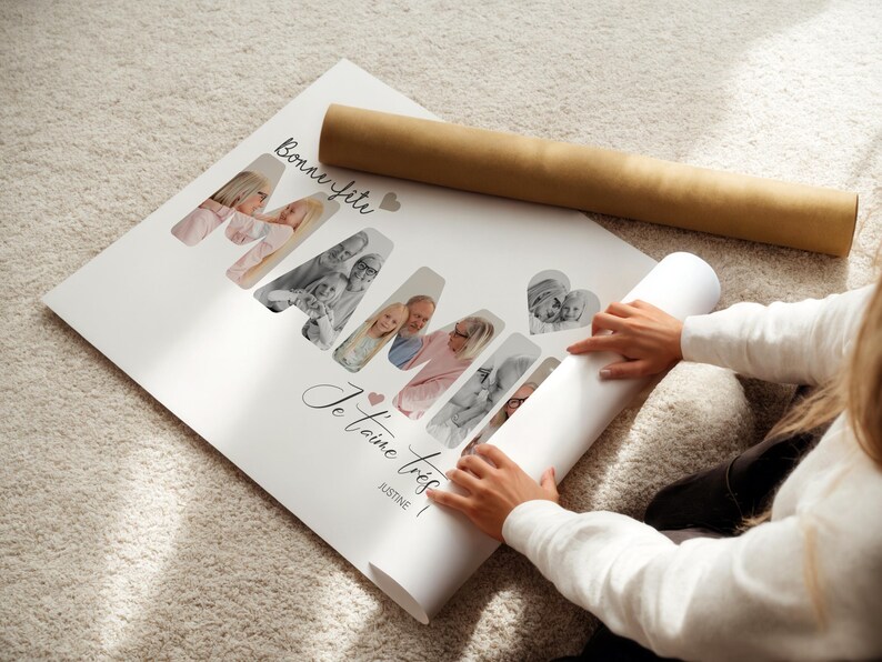 May include: A personalized poster with the word "MAMA" in large letters, each letter filled with family photos. The poster includes the phrases "Bonne f&ecirc;te" and "Je t'aime tr&egrave;s" with a name below. A rolled-up poster and a cardboard tube are also visible.