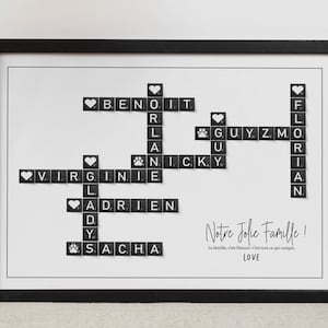 Scrabble poster, family first names for a Christmas gift, word search frame, wooden Scrabble letters, family poster.