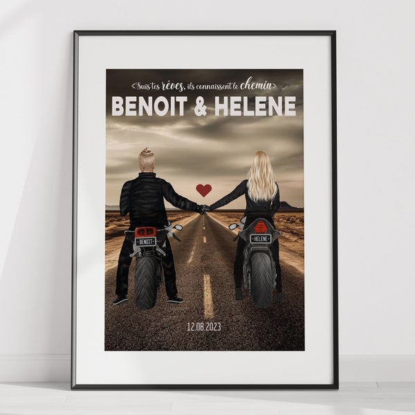 affiche personnalisée couple de motards, Affiche Loft Moto pour une décoration murale esprit Loft industriel, cadeau fan de moto.