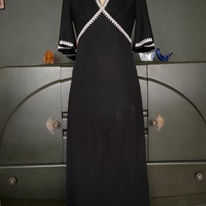 1970s Black & Silver Metallic Braid Trim Short Sleeve Maxi Dress 10