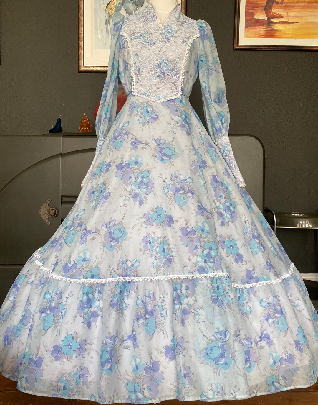 Breathtaking Rare 70s Mixed Floral Cotton Prairie Maxi Dress