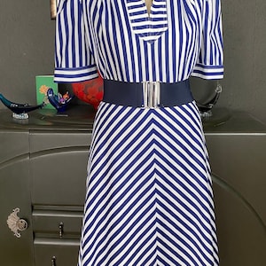 Vintage 1970&#39;s Navy & Cream Jersey Day Dress