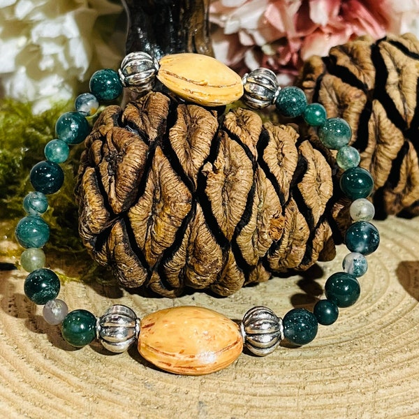 Bracelet nature en pierres naturelles d’Agate mousse et bois