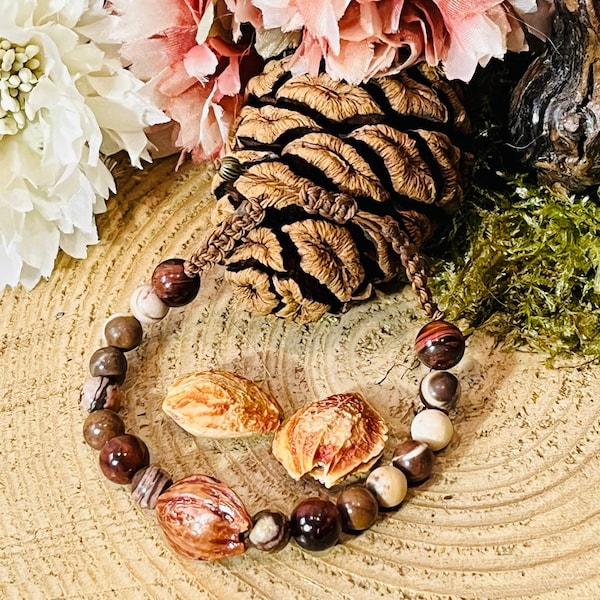 Bracelet nature fait main, pierre naturelle d’Oeil de Taureau, de Jaspe zèbre et graine