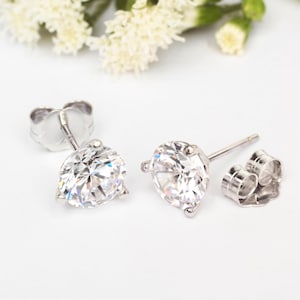 GRA Certified Round Cut VVS1 Moissanite Diamond Stud Earrings Real 14K Solid White Gold Push Back | Martini Style 3 Prong Diamond Studs Gift