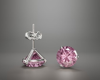 Simulated Pink Tourmaline Stud Earrings - 14K White Gold, 3-Prong Martini Setting