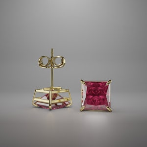 Princess Cut Created Ruby Stud Earrings Real 14KT Solid Yellow Gold Push Back 0.50.Ct-3.Ct | Square Shape Red Ruby July Birthstone Earrings