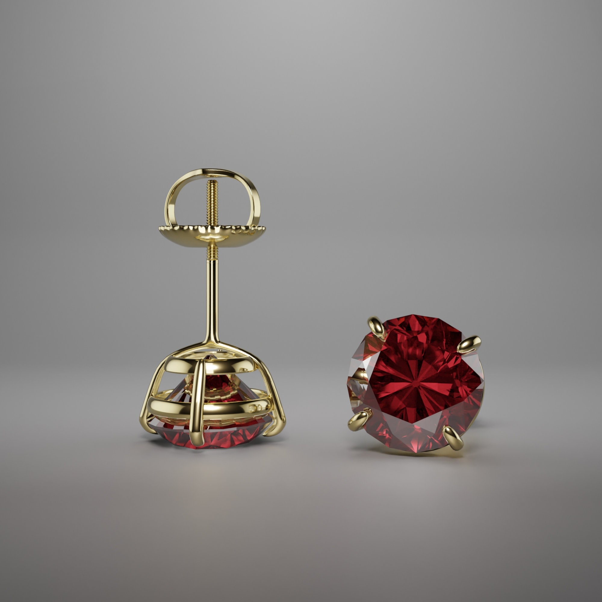 Round Created Red Garnet Stud Earrings Real 14K Solid Yellow Gold 4 Prong Settings 4mm-8mm | January's Birthstone Solitaire Garnet Earrings
