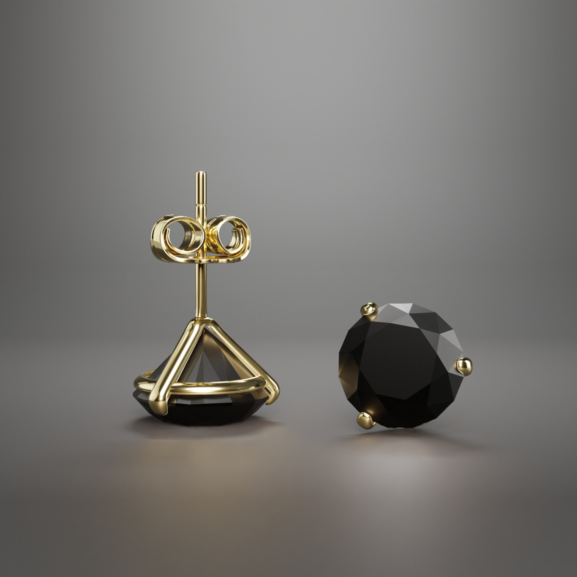 14K Martini Style Round Cut Created Black Diamond 3 Prong Stud Earrings Real 14KT Solid Yellow Gold Push Back 0.50-4.Ct | Elegant Gold Studs