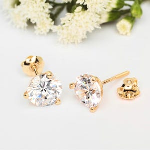 Round Cut VVS Moissanite Diamond Martini Stud Earrings Real 14K Solid Yellow Gold Screw Back | Certified 3 Prong Classic Diamond Studs Gift