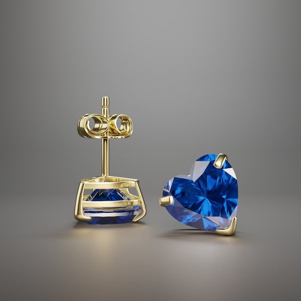 Heart Shape Created Blue Sapphire Stud Earrings Real 14K Solid Yellow Gold Push Back 4-7MM | Heart Cut Sapphire Earrings Anniversary Gift