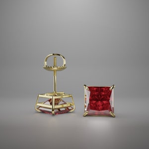Created Princess Cut Red Garnet Stud Earrings Real 14K Solid Yellow Gold Screw Back 1-3.Ct | Birthstone Garnet Studs January Birthday Gift