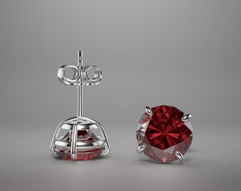 0.50-4.00 Ct Round Cut Created Garnet Stud Earrings Real 14K Solid White Gold Settings Push Back | Red Diamond Birthstone Solitaire Earrings