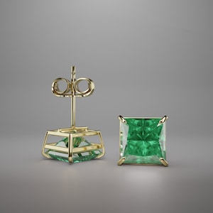 Princess Cut Green Stud Earrings Real 14KT Solid Yellow Gold Push Back | Square Shape Green Emerald Birthstone Earrings May Birthday Gift