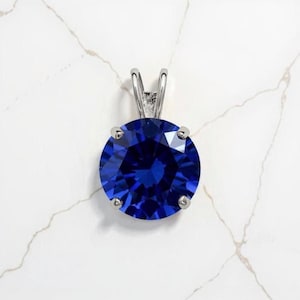 14K Gold Created Blue Sapphire Pendant Round Cut - Dainty Solitaire Pendant Charm Solid Gold | September Sapphire Birthstone Birthday Gift