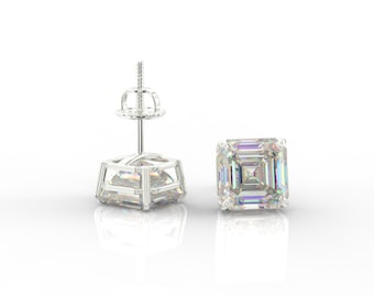 GRA Certified Asscher Cut D VVS1 Moissanite Diamond Stud Earrings Real 14K Solid White Gold Screw Back | Moissanite Jewelry Anniversary Gift