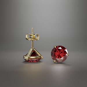 Brilliant Cut Created Red Garnet Martini Stud Earrings 14K Solid Yellow Gold PushBack 0.50-4.Ct | Birthstone Three Prong Earrings Birthday