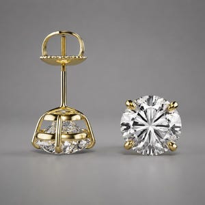 May include: A pair of diamond stud earrings with a gold setting. One earring is fully assembled, showing the post and backing. The other earring is a close-up of the diamond, showcasing its facets and brilliance.