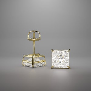 Simulated Princess Cut Diamond Stud Earrings Real 14K Solid Yellow Gold Screw Back 0.50-4 Ct | Crafted Square Diamond Earrings Holiday Gift