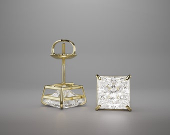 Simulated Princess Cut Diamond Stud Earrings Real 14K Solid Yellow Gold Screw Back 0.50-4 Ct | Crafted Square Diamond Earrings Holiday Gift