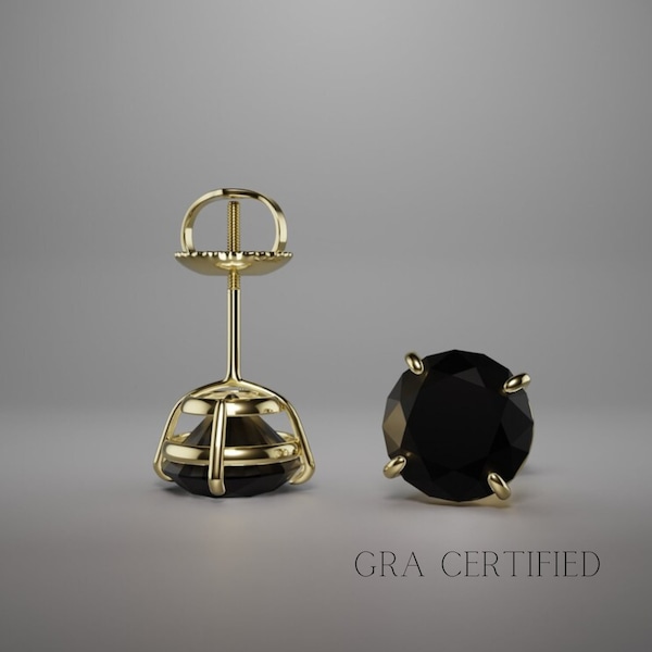 Puces d'oreilles rondes en moissanite noire taille brillant certifiées GRA Or jaune 14 ct véritable fond vissé | Cadeau boucles d'oreilles solitaires diamant noir