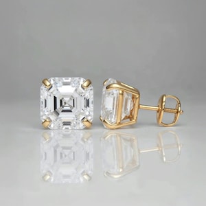 Asscher Cut 14K Solid Yellow Gold Stud Earrings Screw Back Simulated Diamond Studs | Asscher Cut Diamond Earrings | Timeless Fine Jewelry