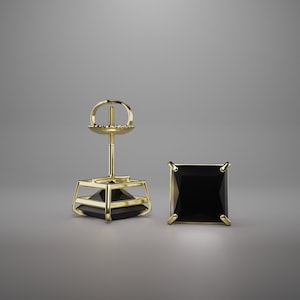 0.50-4.Ct Princess Cut Created Black Diamond Stud Earrings Real 14KT Solid Yellow Gold Settings Screw Back | Square Black Diamond Earrings