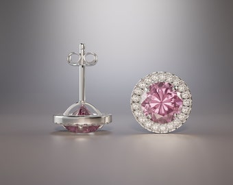 Created Pink Diamond Halo Stud Earrings | 14K Solid White Gold