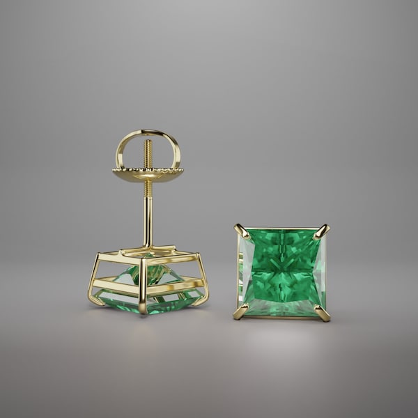 14K Solid Gold Dainty Princess Cut Created Emerald Stud Earrings | May Birthstone