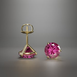 Round Cut Created Ruby Martini Stud Earrings Real 14KT Solid Yellow Gold Screw Back 1.Ct - 4.Ct | 3-Prong July Birthstone Red Ruby Earrings