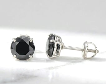 Certified Black Moissanite Stud Earrings | 14K White Gold Screw Back | Minimalist Gold Jewelry