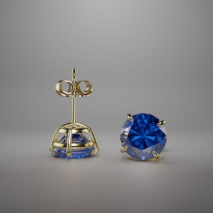 Round Cut Created Sapphire Stud Earrings Real 14K Solid Yellow Gold Push Back 0.50-4.Ct | September Birthstone Blue Sapphire Earrings Gift