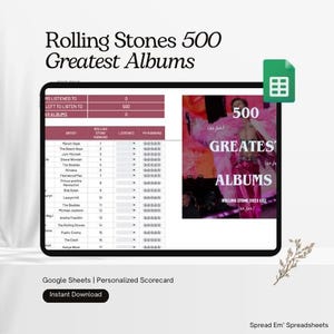 Puede incluir: Una captura de pantalla digital que muestra la lista de los 500 mejores álbumes de Rolling Stone. La imagen incluye una lista de artistas y un gráfico con el texto "500 Greatest Albums". La hoja de cálculo está etiquetada como "Google Sheets | Personalized Scorecard".