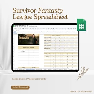 Może przedstawiać: Arkusz kalkulacyjny Google Sheets dla ligi fantasy Survivor. Arkusz zawiera kolumny dla każdego gracza, odcinka i wyzwania. Arkusz zawiera również sekcję z cotygodniowymi sumami i sekcję z czołowymi graczami.