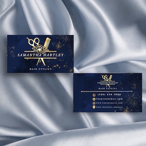 Friseur Stylist Salon Canva Visitenkarten Vorlage / Schönheit, Friseur, Haar Makeup, Luxus, Marmor, Gold, Blau, Feminin